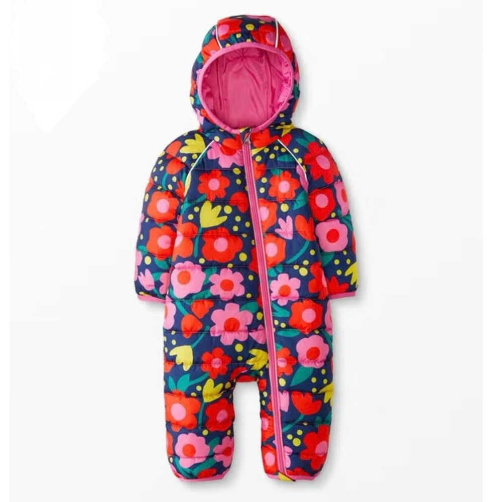 Hanna Andersson Navy Floral Puffer Snowsuit with Pink Lining